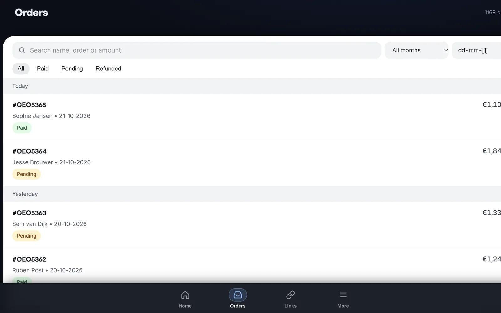 Orders page with search, filters and today's payments